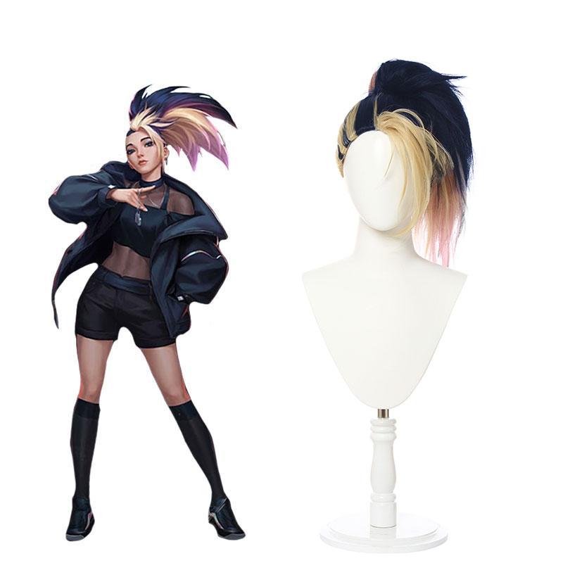 LOL KDA BADDEST Akali  Blue Mixed Yellow Long Cosplay Wigs Halloween wig