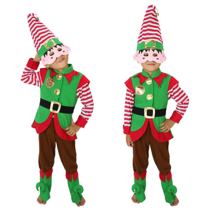 New Style Green Children Christmas Costume with Red and White Striped Hat