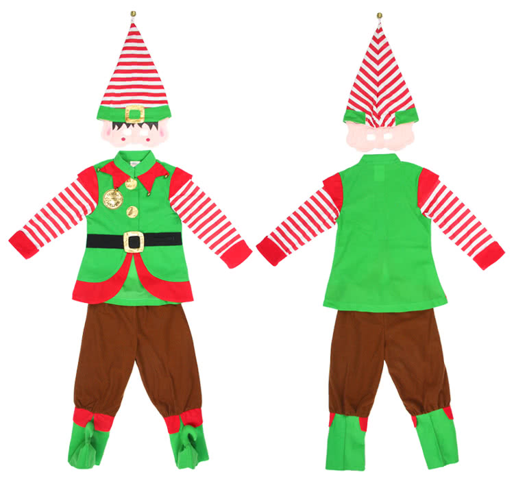 New Style Green Children Christmas Costume with Red and White Striped Hat