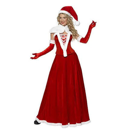 Red new Christmas costume beautiful long dress white cloak