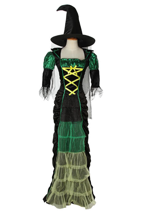 skintight Long witch Halloween cosplay costume Green mixed black dress