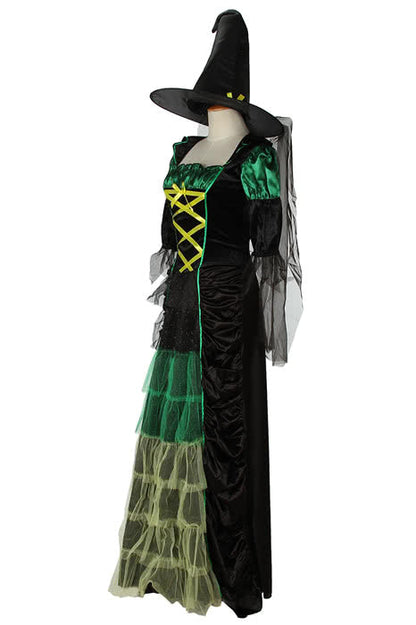 skintight Long witch Halloween cosplay costume Green mixed black dress
