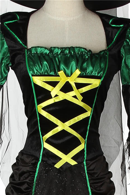 skintight Long witch Halloween cosplay costume Green mixed black dress