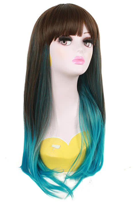 60cm Long Cosplay Wig Mixed Color Blue Straight Fade Women Hair?