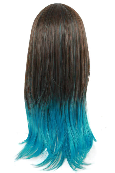 60cm Long Cosplay Wig Mixed Color Blue Straight Fade Women Hair?