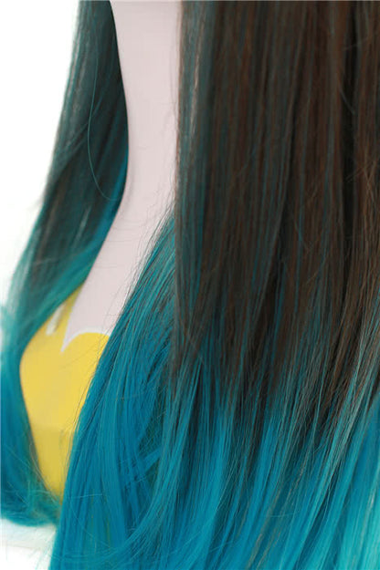 60cm Long Cosplay Wig Mixed Color Blue Straight Fade Women Hair?